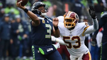 SEATTLE, WA - NOVEMBER 05: Quarterback Russell Wilson #3 of the Seattle Seahawks is pressured by inside linebacker Zach Brown #53 of the Washington Redskins during the second quarter of the game against the Washington Redskins at CenturyLink Field on November 5, 2017 in Seattle, Washington. The Redskins won 17-14. (Photo by Steve Dykes/Getty Images)