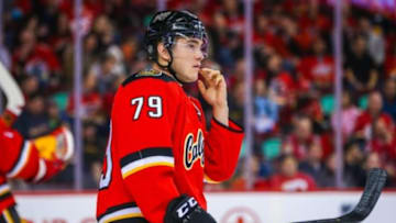 Jan 13, 2016; Calgary, Alberta, CAN; Calgary Flames left wing Micheal Ferland (79) skates during the first period against the Florida Panthers at Scotiabank Saddledome. Calgary Flames won 6-0. Mandatory Credit: Sergei Belski-USA TODAY Sports