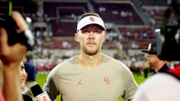 NORMAN, OK - SEPTEMBER 01: Head coach Lincoln Riley of the Oklahoma Sooners waits for the return to live television to speak to the media after the game against the Houston Cougars at Gaylord Family Oklahoma Memorial Stadium on September 1, 2019 in Norman, Oklahoma. The Sooners defeated the Cougars 49-31. (Photo by Brett Deering/Getty Images)