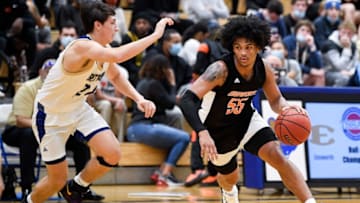 Ensworth's Skyy Clark (55) pushes past Brentwood's Macen Redner (24) during the second quarter at Brentwood High School in Brentwood, Tenn., Thursday, Nov. 19, 2020.Bhs Ehs Bbb 111920 An 008