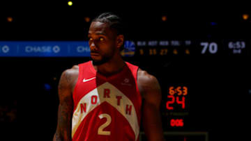 OAKLAND, CA - JUNE 13: Kawhi Leonard #2 of the Toronto Raptors looks on against the Golden State Warriors during Game Six of the 2019 NBA Finals on June 13, 2019 at ORACLE Arena in Oakland, California. NOTE TO USER: User expressly acknowledges and agrees that, by downloading and/or using this photograph, user is consenting to the terms and conditions of Getty Images License Agreement. Mandatory Copyright Notice: Copyright 2019 NBAE (Photo by Nathaniel S. Butler/NBAE via Getty Images)