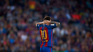 BARCELONA, SPAIN - MAY 21: Lionel Messi of Barcelona reacts during the La Liga match between FC Barcelona and SD Eibar at Camp Nou Stadium on May 21, 2017 in Barcelona, Spain. (Photo by fotopress/Getty Images)