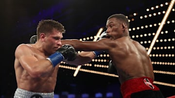 NEW YORK, NY - OCTOBER 27: Sergiy Derevyanchenko punches Daniel Jacobs during their IBF middleweight title fight at Madison Square Garden on October 27, 2018 in New York City. (Photo by Al Bello/Getty Images)
