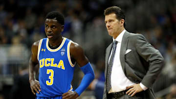 KANSAS CITY, MO - NOVEMBER 20: Aaron Holiday #3 of the UCLA Bruins talks with head coach Steve Alford during the National Collegiate Basketball Hall Of Fame Classic game against the Creighton Bluejays at the Sprint Center on November 20, 2017 in Kansas City, Missouri. (Photo by Jamie Squire/Getty Images)