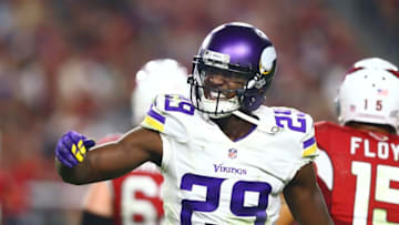 Dec 10, 2015; Glendale, AZ, USA; Minnesota Vikings cornerback Xavier Rhodes (29) reacts against the Arizona Cardinals at University of Phoenix Stadium. The Cardinals defeated the Vikings 23-20. Mandatory Credit: Mark J. Rebilas-USA TODAY Sports