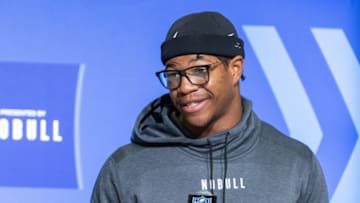 Mar 1, 2023; Indianapolis, IN, USA; Georgia defensive lineman Nolan Smith (DL45) speaks to the press at the NFL Combine at Lucas Oil Stadium. Mandatory Credit: Trevor Ruszkowski-USA TODAY Sports