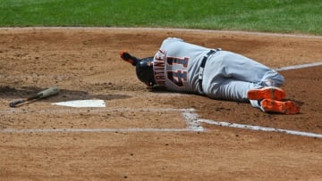 Sep 18, 2016; Cleveland, OH, USA; Detroit Tigers designated hitter Victor Martinez (41) reacts after being hit by a pitch in the third inning at Progressive Field. Mandatory Credit: Aaron Doster-USA TODAY Sports