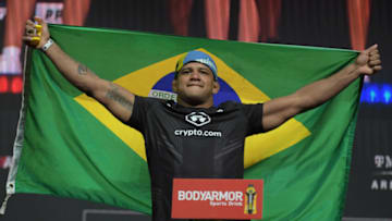 Jul 9, 2021; Las Vegas, Nevada, USA; Gilbert Burns reacts during weigh ins for UFC 264 at T-Mobile Arena. Mandatory Credit: Gary A. Vasquez-USA TODAY Sports