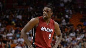 Dec 23, 2014; Miami, FL, USA; Miami Heat forward Luol Deng (9) takes a breather during the second half against Philadelphia 76ers at American Airlines Arena. The 76ers won 91-87. Mandatory Credit: Steve Mitchell-USA TODAY Sports