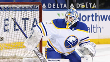 NEW YORK, NEW YORK - APRIL 27: Ukko-Pekka Luukkonen #1 of the Buffalo Sabres skates against the New York Rangers at Madison Square Garden on April 27, 2021 in New York City. The Rangers defeated the Sabres 3-1. (Photo by Bruce Bennett/Getty Images)