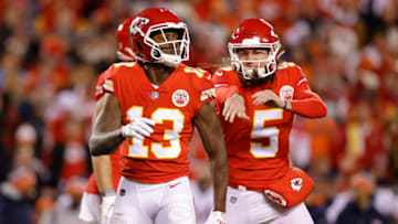 KANSAS CITY, MISSOURI - DECEMBER 05: Byron Pringle #13 of the Kansas City Chiefs celebrates recovering a fumbled punt against the Denver Broncos with teammate Tommy Townsend #5 during the second half at Arrowhead Stadium on December 05, 2021 in Kansas City, Missouri. (Photo by David Eulitt/Getty Images)