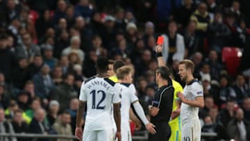 Tottenham Hotspur's Dele Alli gets red card during UEFA Europa League - Round of 32 match between Tottenham Hotspur and KAA Gent at Wembley stadium 23 Feb 2017 (Photo by Kieran Galvin/NurPhoto via Getty Images)