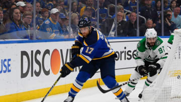 ST. LOUIS, MO - MAY 7: Jaden Schwartz #17 of the St. Louis Blues controls the puck as Tyler Seguin #91 of the Dallas Stars defends in Game Seven of the Western Conference Second Round during the 2019 NHL Stanley Cup Playoffs at Enterprise Center on May 7, 2019 in St. Louis, Missouri. (Photo by Scott Rovak/NHLI via Getty Images)