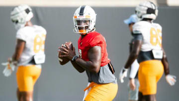 Tennessee quarterback Joe Milton III (7) during morning football practice on campus on Friday, August 20, 2021.Kns Ut Football Practice Bp