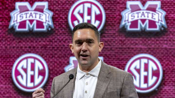 Oct 19, 2023; Birmingham, AL, USA; Mississippi State Bulldogs head coach Sam Purcell talks with the media during the SEC Basketball Tipoff at Grand Bohemian Hotel Mountain Brook. Mandatory Credit: Vasha Hunt-USA TODAY Sports