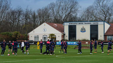 NEWCASTLE UPON TYNE, ENGLAND - APRIL 15: Newcastle United Players warm up on the outdoor training pitches during the Newcastle United Training session at The Newcastle United Training Centre on April 15, 2016, in Newcastle upon Tyne, England. (Photo by Serena Taylor/Newcastle United via Getty Images)