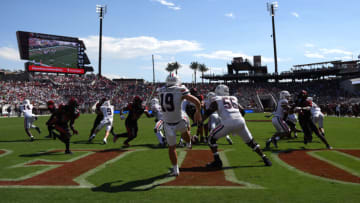 Sep 3, 2022; San Diego, California, USA; Arizona Wildcats punter Kyle Ostendorp (19) has his punt blocked resulting in a San Diego State Aztecs touchdown during the second half at Snapdragon Stadium. Mandatory Credit: Orlando Ramirez-USA TODAY Sports