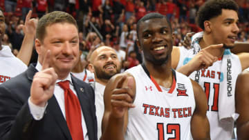 LUBBOCK, TX - MARCH 3: Head coach Chris Beard and Keenan Evans