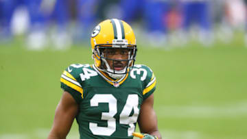 Jan 16, 2021; Green Bay, Wisconsin, USA; Green Bay Packers cornerback KeiVarae Russell (34) against the Los Angeles Rams during the NFC Divisional Round at Lambeau Field. Mandatory Credit: Mark J. Rebilas-USA TODAY Sports