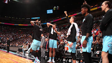 The Heat react to a play during a game against the Utah Jazz on December 23(Photo by Issac Baldizon/NBAE via Getty Images)