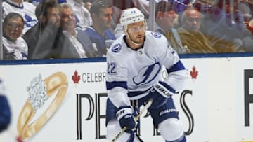 TORONTO, ON - OCTOBER 10: Kevin Shattenkirk #22 of the Tampa Bay Lightning skates with the puck against the Toronto Maple Leafs during an NHL game at Scotiabank Arena on October 10, 2019 in Toronto, Ontario, Canada. The Lightning defeated the Maple Leafs 7-3. (Photo by Claus Andersen/Getty Images)