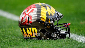 Nov 1, 2014; University Park, PA, USA; General view of a Maryland Terrapins helmet on the field prior to the game against the Penn State Nittany Lions at Beaver Stadium. Maryland defeated Penn State 20-19. Mandatory Credit: Rich Barnes-USA TODAY Sports