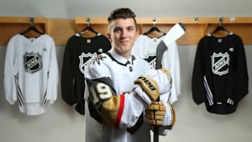 VANCOUVER, BRITISH COLUMBIA - JUNE 21: Peyton Krebs, 17th overall pick of the Vegas Golden Knights poses for a portrait during the first round of the 2019 NHL Draft at Rogers Arena on June 21, 2019 in Vancouver, Canada. (Photo by Andre Ringuette/NHLI via Getty Images)