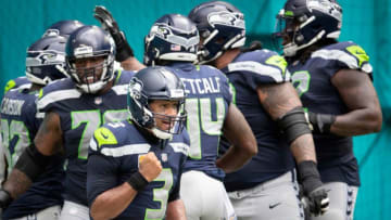 Seattle Seahawks quarterback Russell Wilson (3) celebrates a touchdown in the first quarter at Hard Rock Stadium in Miami Gardens, October 4, 2020. [ALLEN EYESTONE/The Palm Beach Post]