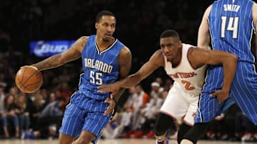 Feb 26, 2016; New York, NY, USA; Orlando Magic guard Brandon Jennings (55) dribbles the ball around New York Knicks guard Langston Galloway (2) during the first half at Madison Square Garden. Mandatory Credit: Adam Hunger-USA TODAY Sports