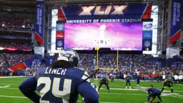 Feb 1, 2015; Glendale, AZ, USA; Seattle Seahawks running back Marshawn Lynch (24) warms up before Super Bowl XLIX against the New England Patriots at University of Phoenix Stadium. Mandatory Credit: Mark J. Rebilas-USA TODAY Sports