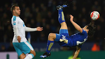 LEICESTER, ENGLAND - MARCH 14: Shinji Okazaki of Leicester City scores their first goal with an overhead kick as Steven Taylor of Newcastle United looks on during the Barclays Premier League match between Leicester City and Newcastle United at The King Power Stadium on March 14, 2016 in Leicester, England. (Photo by Laurence Griffiths/Getty Images)
