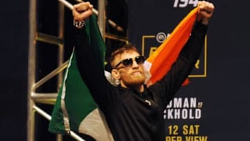 December 11, 2015; Las Vegas, NV, USA; Conor McGregor enters the stage before his weigh-in for UFC 194 at MGM Grand Garden Arena. Mandatory Credit: Gary A. Vasquez-USA TODAY Sports