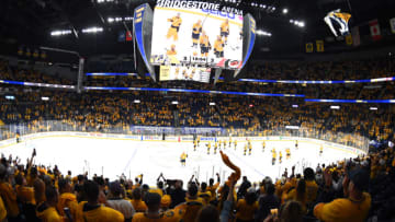 Nashville Predators players thank the crowd after being eliminated in overtime by the Carolina Hurricanes in game six of the first round of the 2021 Stanley Cup Playoffs at Bridgestone Arena. Mandatory Credit: Christopher Hanewinckel-USA TODAY Sports