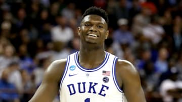 COLUMBIA, SOUTH CAROLINA - MARCH 22: Zion Williamson #1 of the Duke Blue Devils reacts to his teams lead against the North Dakota State Bison in the second half during the first round of the 2019 NCAA Men's Basketball Tournament at Colonial Life Arena on March 22, 2019 in Columbia, South Carolina. (Photo by Streeter Lecka/Getty Images)