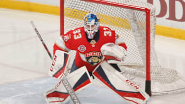 SUNRISE, FL - MARCH 23: Goaltender Samuel Montembeault #33 of the Florida Panthers warms up prior to the game against the Boston Bruins at the BB&T Center on March 23, 2019 in Sunrise, Florida. (Photo by Joel Auerbach/Getty Images)