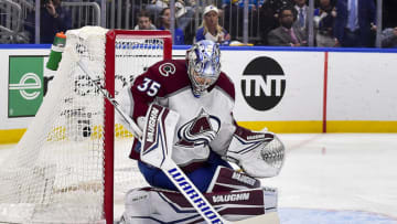 May 27, 2022; St. Louis, Missouri, USA; Colorado Avalanche goaltender Darcy Kuemper (35) makes a save against the St. Louis Blues during the second period in game six of the second round of the 2022 Stanley Cup Playoffs at Enterprise Center. Mandatory Credit: Jeff Curry-USA TODAY Sports
