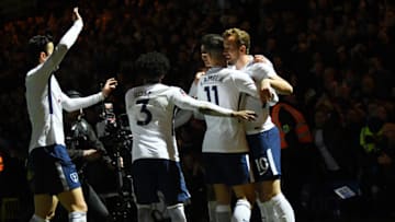 ROCHDALE, ENGLAND - FEBRUARY 18: Harry Kane (R) of Tottenham Hotspur celebrates scoring the second Tottenham Hotspur goal from the penalty spot during The Emirates FA Cup Fifth Round match between Rochdale and Tottenham Hotspur on February 18, 2018 in Rochdale, United Kingdom. (Photo by Gareth Copley/Getty Images)