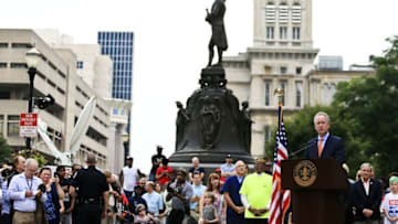 June 5, 2016; Louisville, KY, USA; Louisville mayor Greg Fischer speaks during the flag-lowering ceremony to honor Muhammad Ali.. Mandatory credit: Matt Stone/The Courier-Journal-USA TODAY Sports