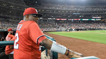 WASHINGTON, DC - AUGUST 13: Manager Dusty Baker #12 of the Washington Nationals watches the game in the sixth inning against the San Francisco Giants during Game 2 of a doubleheader at Nationals Park on August 13, 2017 in Washington, DC. (Photo by G Fiume/Getty Images)