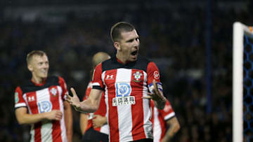 PORTSMOUTH, ENGLAND - SEPTEMBER 24: Pierre-Emile Hojbjerg of Southampton celebrates after team-mate Cedric Soares scores a goal to make it 3-0 during the Carabao Cup Third Round match between Portsmouth and Southampton at Fratton Park on September 24, 2019 in Portsmouth, England. (Photo by Robin Jones/Getty Images)