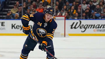 BUFFALO, NY - DECEMBER 13: Lawrence Pilut #24 of the Buffalo Sabres during the game against the Arizona Coyotes at the KeyBank Center on December 13, 2018 in Buffalo, New York. (Photo by Kevin Hoffman/Getty Images)