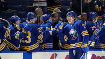Feb 19, 2022; Buffalo, New York, USA; Buffalo Sabres right wing Tage Thompson (72) celebrates his goal with teammates during the first period against the Colorado Avalanche at KeyBank Center. Mandatory Credit: Timothy T. Ludwig-USA TODAY Sports