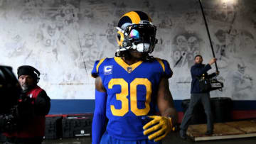 LOS ANGELES, CA - JANUARY 12: Todd Gurley #30 of the Los Angeles Rams prepares to take the field before the NFC Divisional Playoff game against the Dallas Cowboys at Los Angeles Memorial Coliseum on January 12, 2019 in Los Angeles, California. (Photo by Harry How/Getty Images)