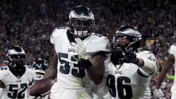 GREEN BAY, WISCONSIN - SEPTEMBER 26: Nigel Bradham #53 of the Philadelphia Eagles celebrates with teammates after making an interception in the fourth quarter against the Green Bay Packers at Lambeau Field on September 26, 2019 in Green Bay, Wisconsin. (Photo by Dylan Buell/Getty Images)
