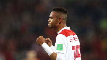 KALININGRAD, RUSSIA - JUNE 25: Youssef En Nesyri of Morocco celebrates after scoring his team's second goal during the 2018 FIFA World Cup Russia group B match between Spain and Morocco at Kaliningrad Stadium on June 25, 2018 in Kaliningrad, Russia. (Photo by Francois Nel/Getty Images)