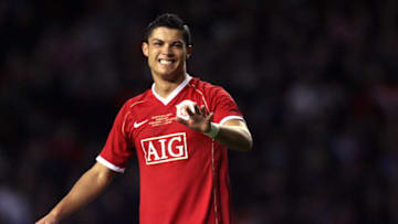Manchester United's Cristiano Ronaldo reacts during the charity football match against Europe XI in recognition of United's 50 years in European competion and 50 years since the signing of The Treaty of Rome at Old Trafford, Manchester, north-west England, 13 March, 2007. AFP PHOTO/PAUL ELLIS / AFP PHOTO / PAUL ELLIS (Photo credit should read PAUL ELLIS/AFP via Getty Images)
