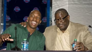 AUBURN HILLS, MI - JULY 16: Joe Dumars, President of Basketball Operations (R), introduces new Detroit Piston, Chauncey Billups, at a press conference at Palace of Auburn Hills on July 16, 2013 at Palace of Auburn Hills in Auburn Hills, Michigan. NOTE TO USER: User expressly acknowledges and agrees that, by downloading and/or using this photograph, User is consenting to the terms and conditions of the Getty Images License Agreement. Mandatory Copyright Notice: Copyright 2013 NBAE (Photo by Allen Einstein/NBAE via Getty Images)