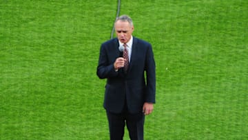 ATLANTA, GA - APRIL 14: Major League Baseball Commissioner Rob Manfred addresses the crowd before the game between the Atlanta Braves and the San Diego Padres at SunTrust Park on April 14, 2017 in Atlanta, Georgia. (Photo by Scott Cunningham/Getty Images)
