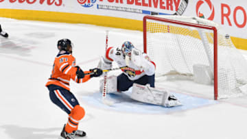 EDMONTON, AB - JANUARY 10: Connor McDavid #97 of the Edmonton Oilers scores a shoot out goal on James Reimer #34 of the Florida Panthers on January 10, 2019 at Rogers Place in Edmonton, Alberta, Canada. (Photo by Andy Devlin/NHLI via Getty Images)