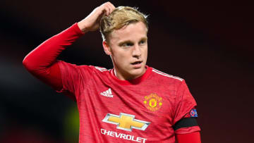 : Donny Van De Beek of Manchester United reacts during the UEFA Champions League Group H stage match between Manchester United and İstanbul Basaksehir at Old Trafford on November 24, 2020 in Manchester, England. (Photo by Michael Regan/Getty mages)